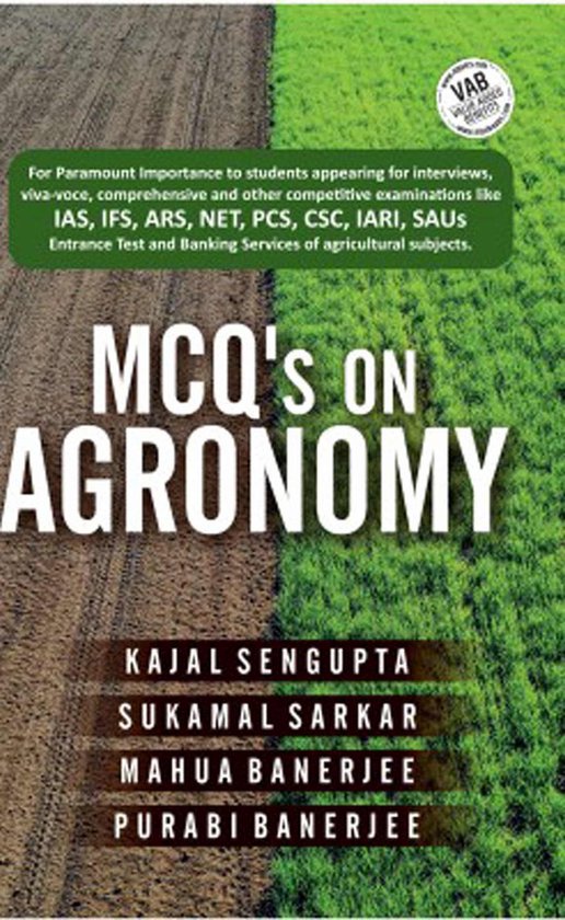 Boek 'MCQ's on Agronomy' met Kajal Sengupta, Sukamal Sarkar, Mahua Banerjee, Purabi Banerjee. Groen veld links, akker rechts.