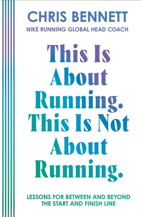 Boekcover: "This Is About Running. This Is Not About Running." met kleurenverloop en tekst in paars en groen.
