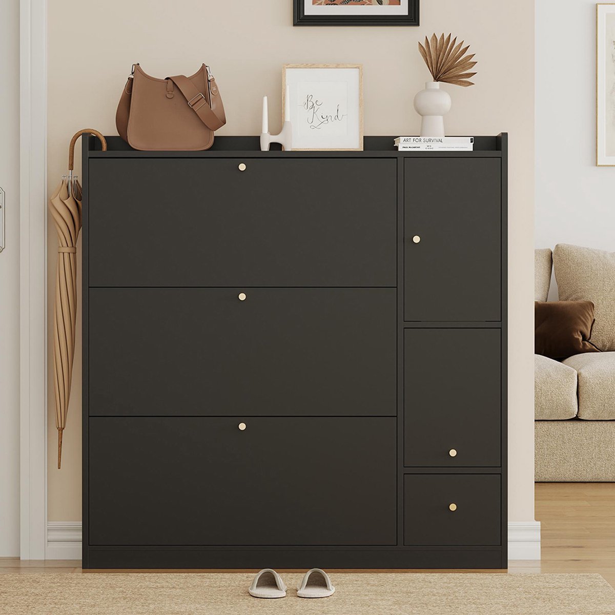 BLACKCOLORS Veelzijdige schoenkast met klapdeuren en 3 uitklapbare lades, opbergmeubel voor de hal met lade, vrijstaande schoenenrek met uitklapbare bank voor de gang, zwart, 119 x 24 x 122 cm