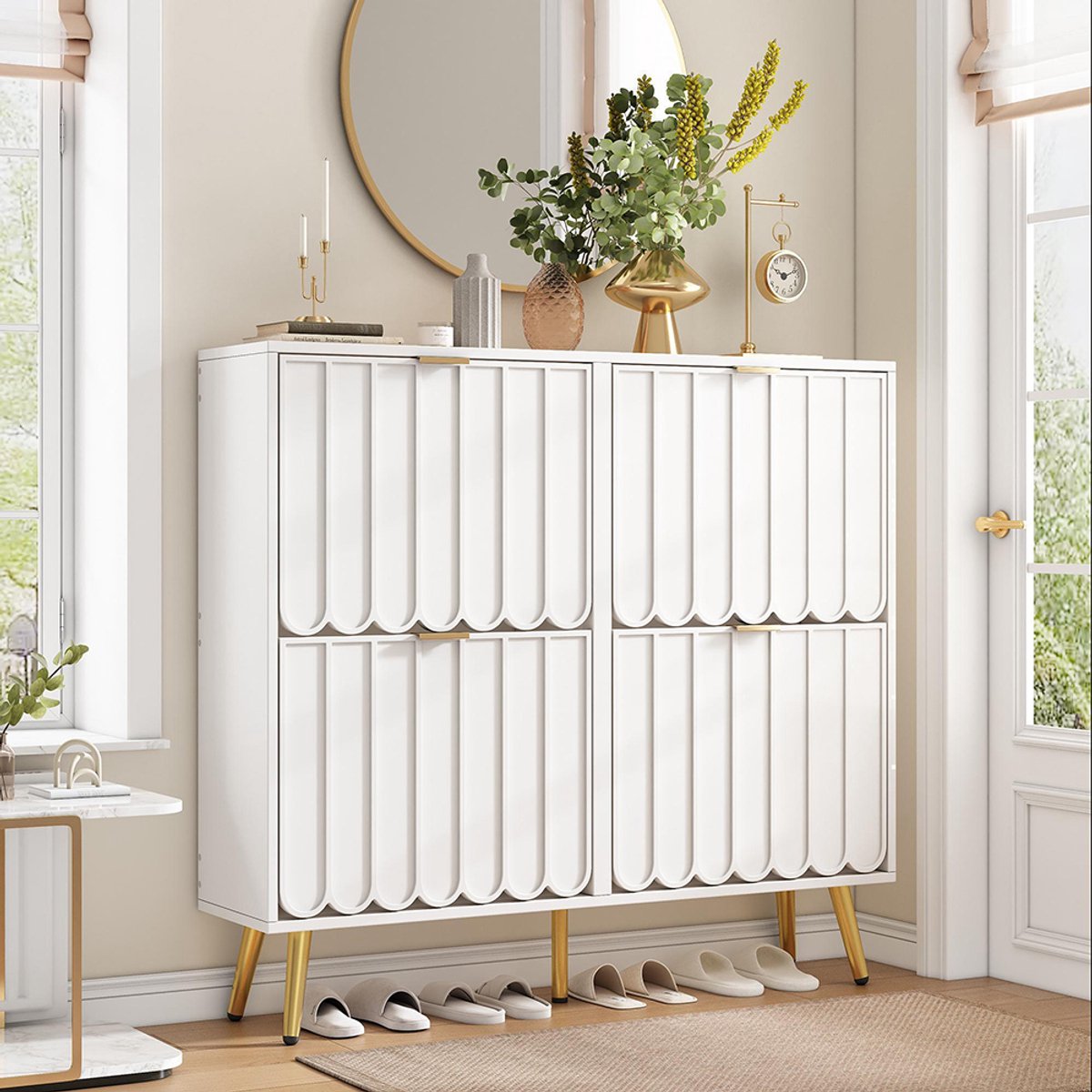 BLACKCOLORS Smalle schoenenkast met 4 kleppen – ruimtebesparende schoenenkast voor de gang, met kantelbeveiliging en verstelbare planken voor verschillende soorten schoenen, wit, afmetingen: B100 x D24 x H91,5 cm