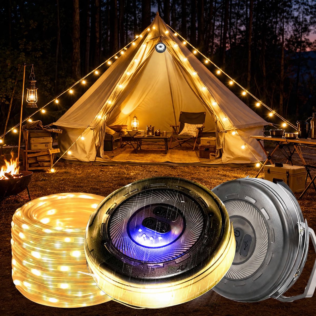 Meedeer Camping Lichtketting-10M-Oprolbaar-Multifunctioneel Tentlamp+Decoratieve verlichting-6 Lichtmodi-Waterdicht-Oplaadbaar-Voor kamperen, tuin, decoratie(Donkergroen)
