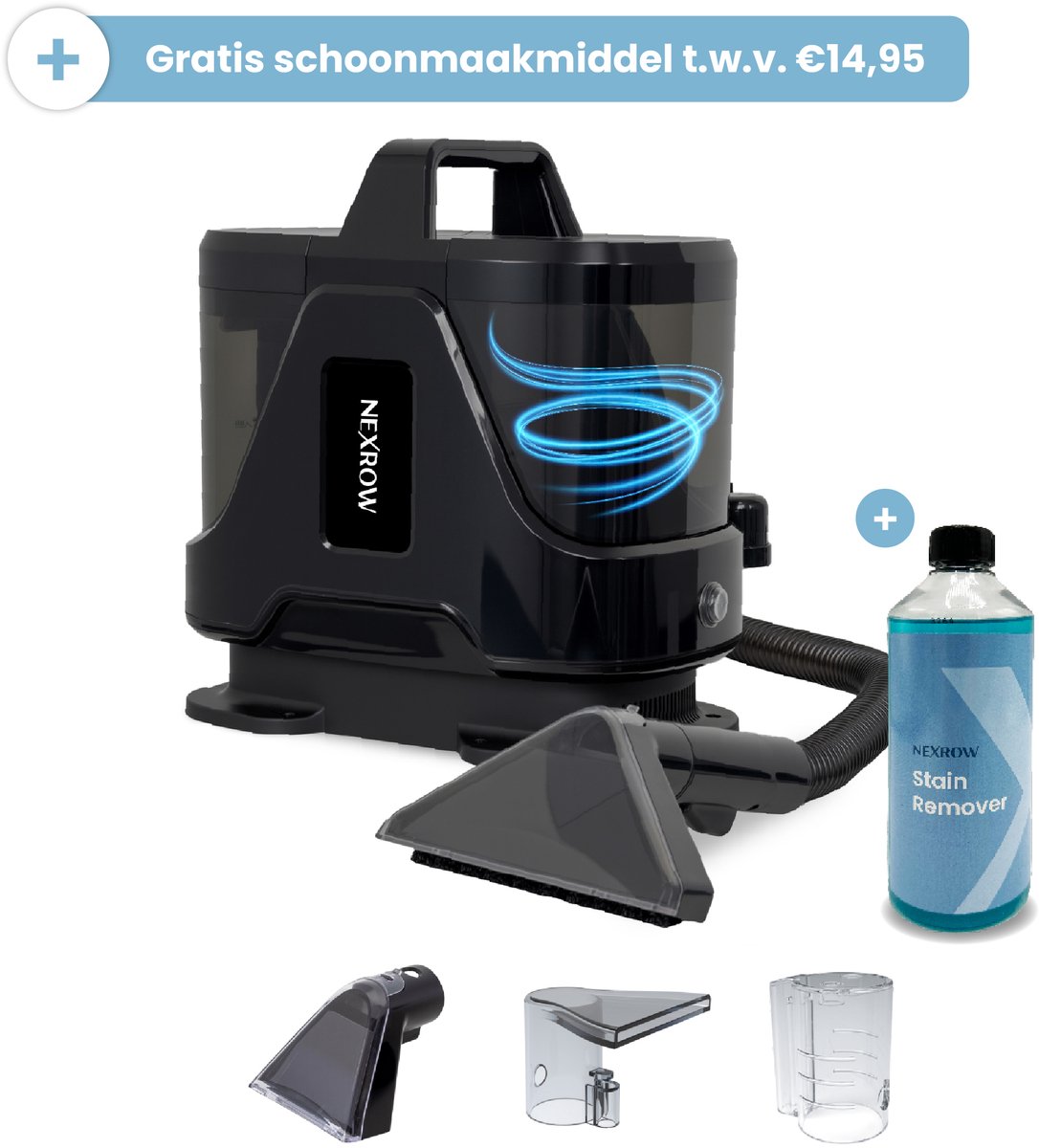 NEXROW® Vlekkenreiniger Pro – Tapijtreiniger & Bank Reiniger Machine – 650W – 14 kPa – Zetelreiniger met Dubbele Watertank en Zelfreinigend Opzetstuk – Voor Tapijt, Bank, Zetel & Auto – 3 opzetstukken – Zwart