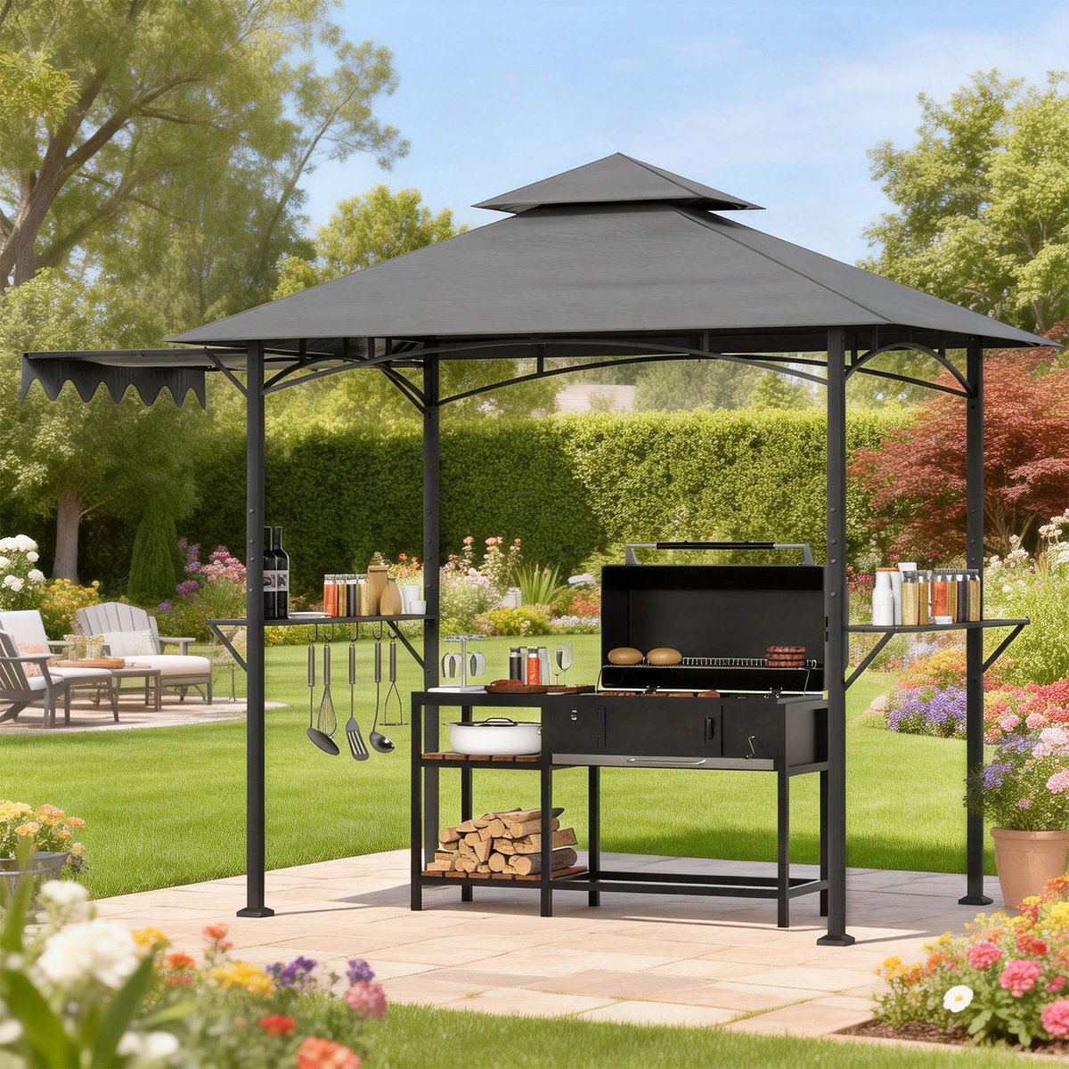 Soontrans-Barbecue-Overkapping met zijkap-Zijplanken&Haken-BBQ-Overkapping-Dubbel Dak-Barbecuepaviljoen-Duurzaam Stalen Frame-Grillpaviljoen-Weerbestendig Tuinpaviljoen voor Barbecue tent-UV-Bescherming-Grilloverkapping voor Terras, Achtertuin