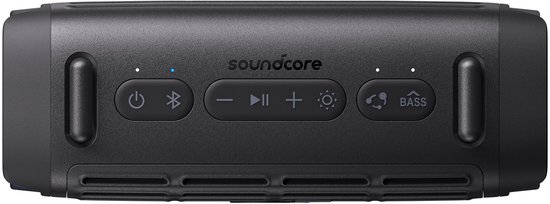 Voorpaneel van een zwarte Soundcore speaker met bedieningsknoppen voor aan/uit, Bluetooth, volume en licht.