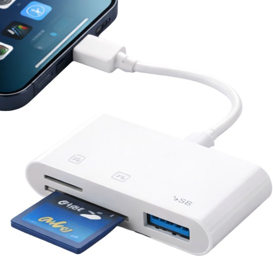 5-in-1 Kaartlezer USB-C + Lightning – Leest SD, TF, XD, CF En MS, Voor IPhone, IPad, MacBook En Android