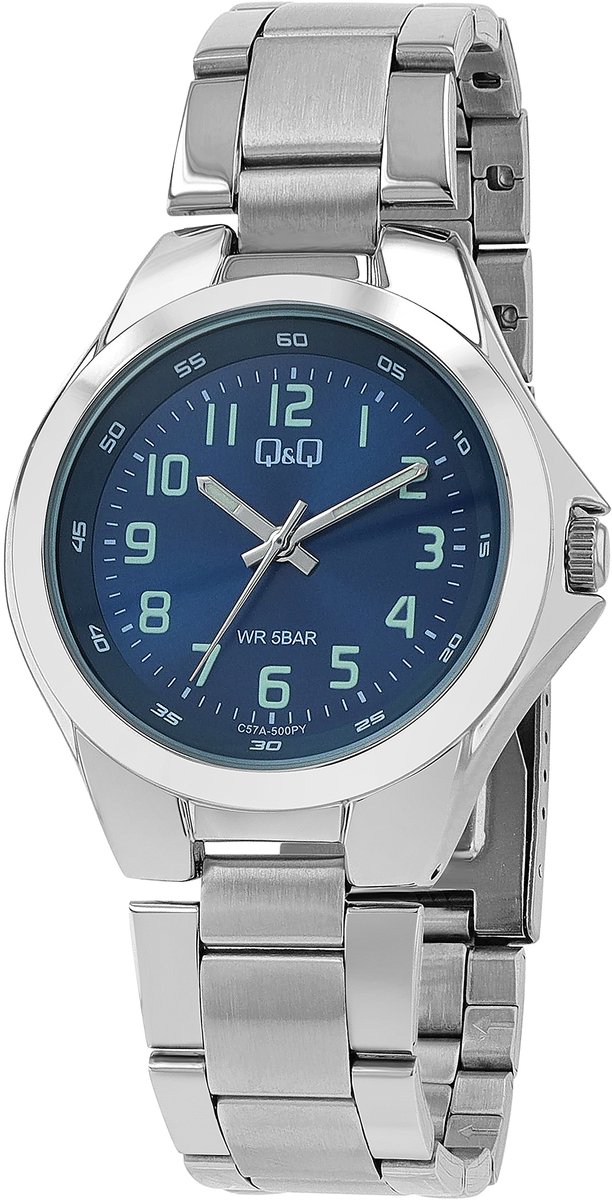QQ-Herenhorloge-model c57a-500py-zilverkleurig-blauwe wijzerplaat-5 atm waterdicht-duidelijke wijzerplaat-schakelband-diameter 38 mm