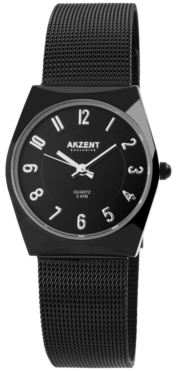 Akzent-1300015-001-zwart-Milanese band-mesh-duidelijke wijzerplaat-verstelbare band-3 atm waterdicht-diameter 29 mm