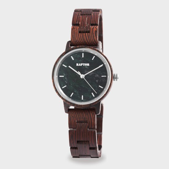 Raptor horloge met een donkergroene, gemarmerde wijzerplaat en een bruin houten bandje.