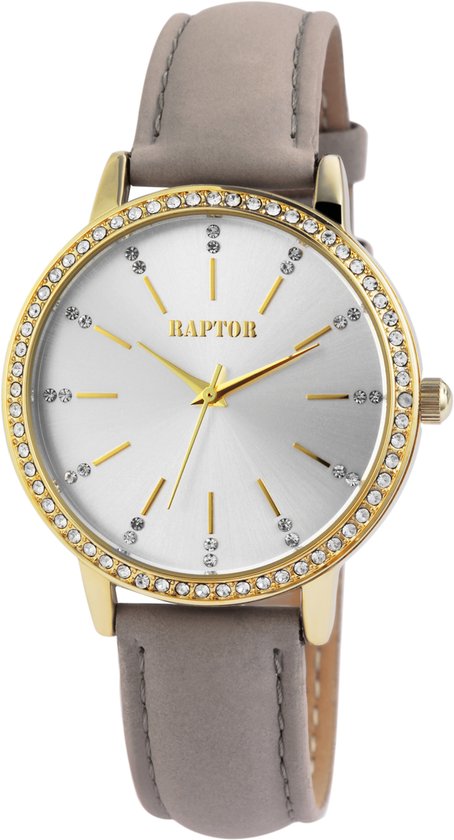Goudkleurig Raptor-dameshorloge met strass-bezel, grijze leren band en zilveren wijzerplaat tegen lichte achtergrond.