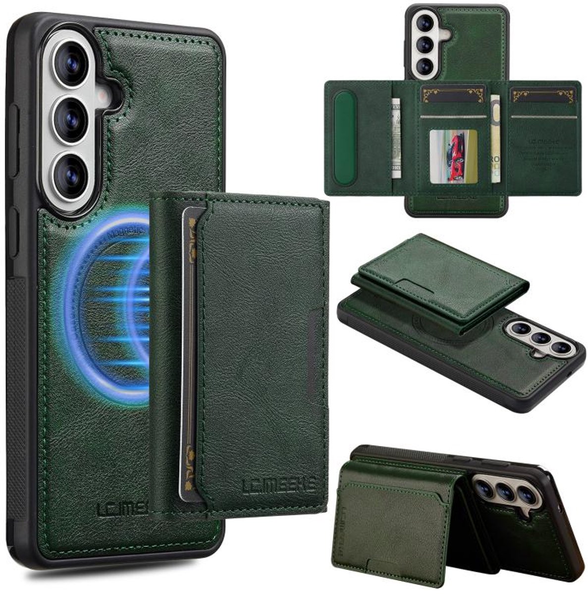 Telefoonhoesje geschikt voor de Samsung Galaxy A37 5G / A36 5G / A56 5G - Silicone TPU en kunst leer - groen back cover hoesje case met pasjeshouder - 4 pasjes afneembaar - MagSafe functie - L5