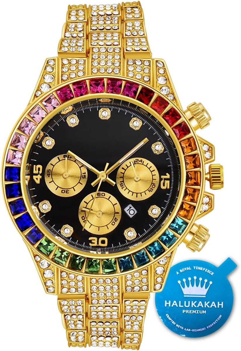 Diamond Gold Watch - Iced Out - Mannen 18K Echt Goud-Roestgouden-Platina Witgouden Plating 40mm Breed - Multikleurige Zwarte Wijzerplaat - Quartz Horlogeband met Cuban Link Ketting armband - Gratis