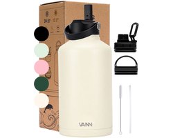 VANN® 3-Wandige RVS Waterfles 2 Liter met rietje voor volwassenen – Met 5 accessoires – thermoskan 2 liter – 24 uur koud/12 uur warm – Off White – Cadeau voor man en vrouw – VANN ULTIMATE BOTTLE®