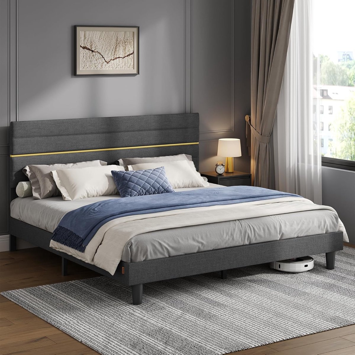 Gestoffeerd Bed 180 x 200 cm – Tweepersoons Bedframe met Verstelbaar Hoofdbord, Lattenbodem & Geruisloos Design – Staal & Massief Hout – Modern Luxe Linnen Look Leigrijs – NoviHome