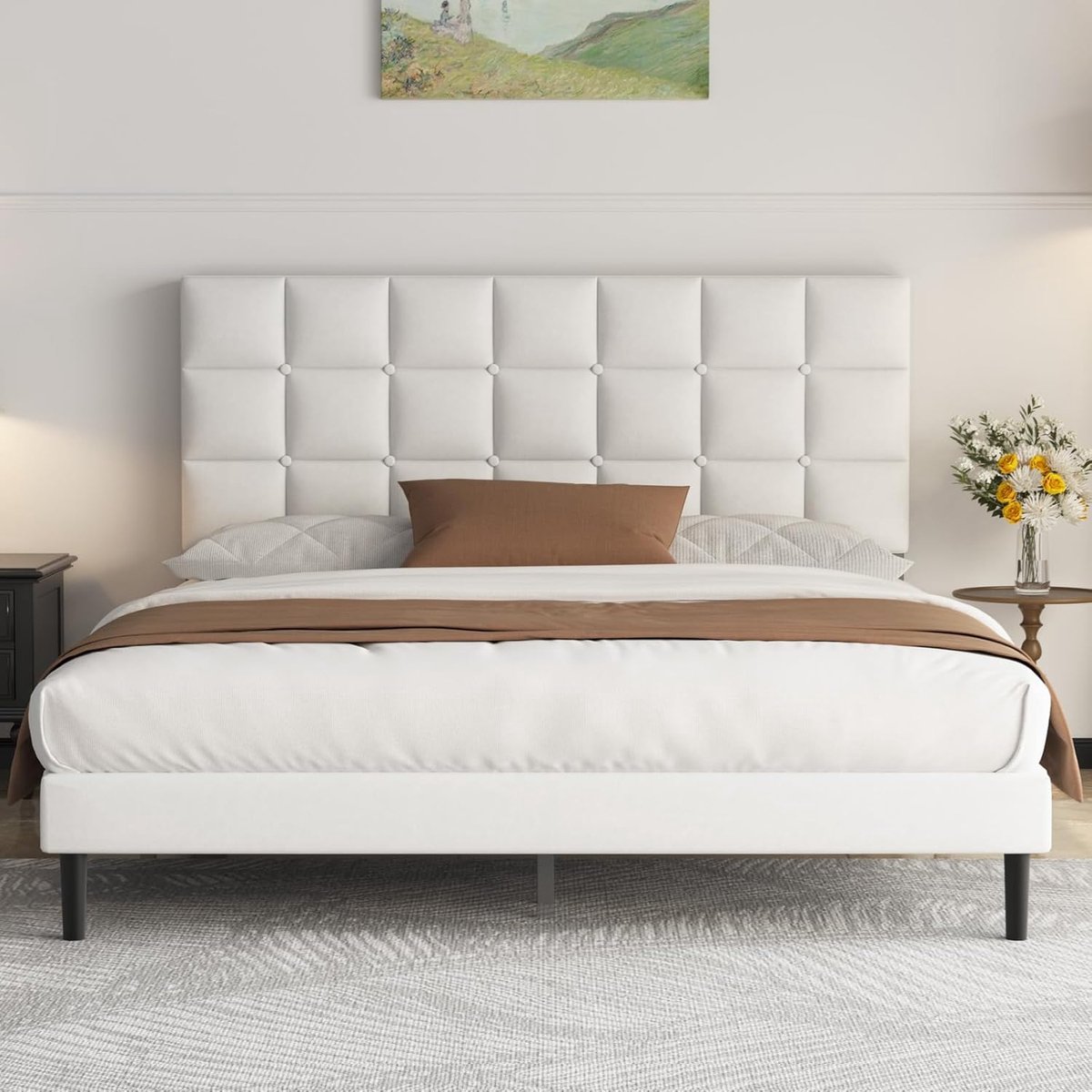 Gestoffeerd Bed 140 x 200 cm – Tweepersoons Bedframe met Hoofdbord, Lattenbodem & Opbergruimte – Geruisloos en Stevig Houten & Metalen Frame – Modern Linnen Design Wit – NoviHome