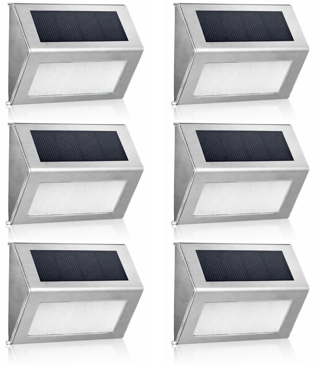 Solar Wandlamp Buiten - 6 Stuks - RVS - Warm Licht 3000K - IP65 Waterdicht - Automatisch Aan/Uit - Tuinverlichting voor Schutting, Trap en Pad