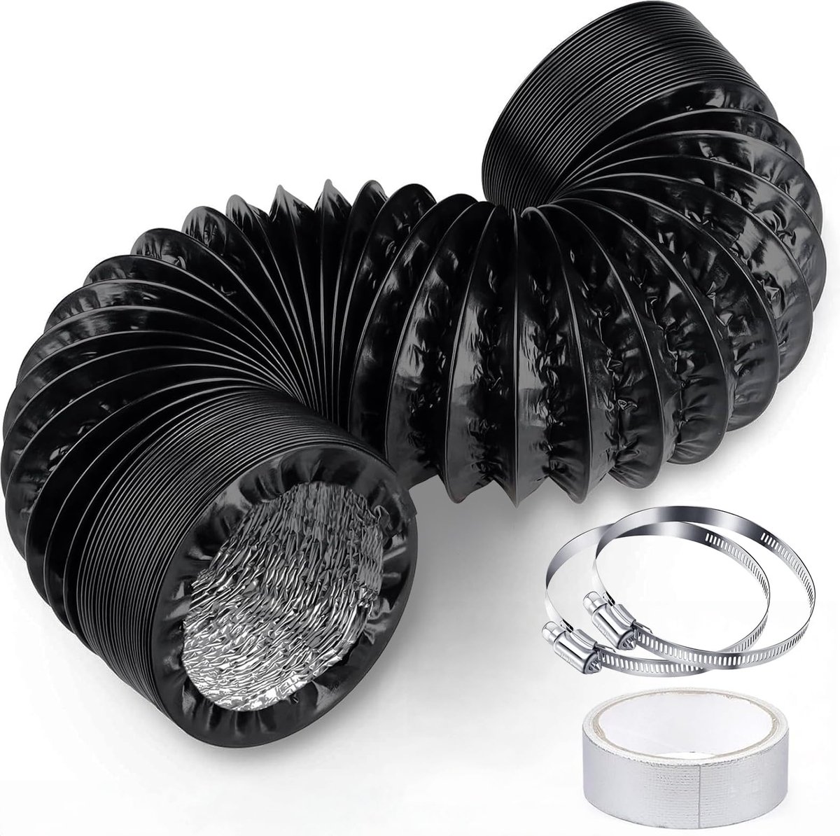 Afvoerslang 100 mm - Flexibele Ventilatieslang - 3 Meter Zwart met Slangklemmen en Aluminium Tape