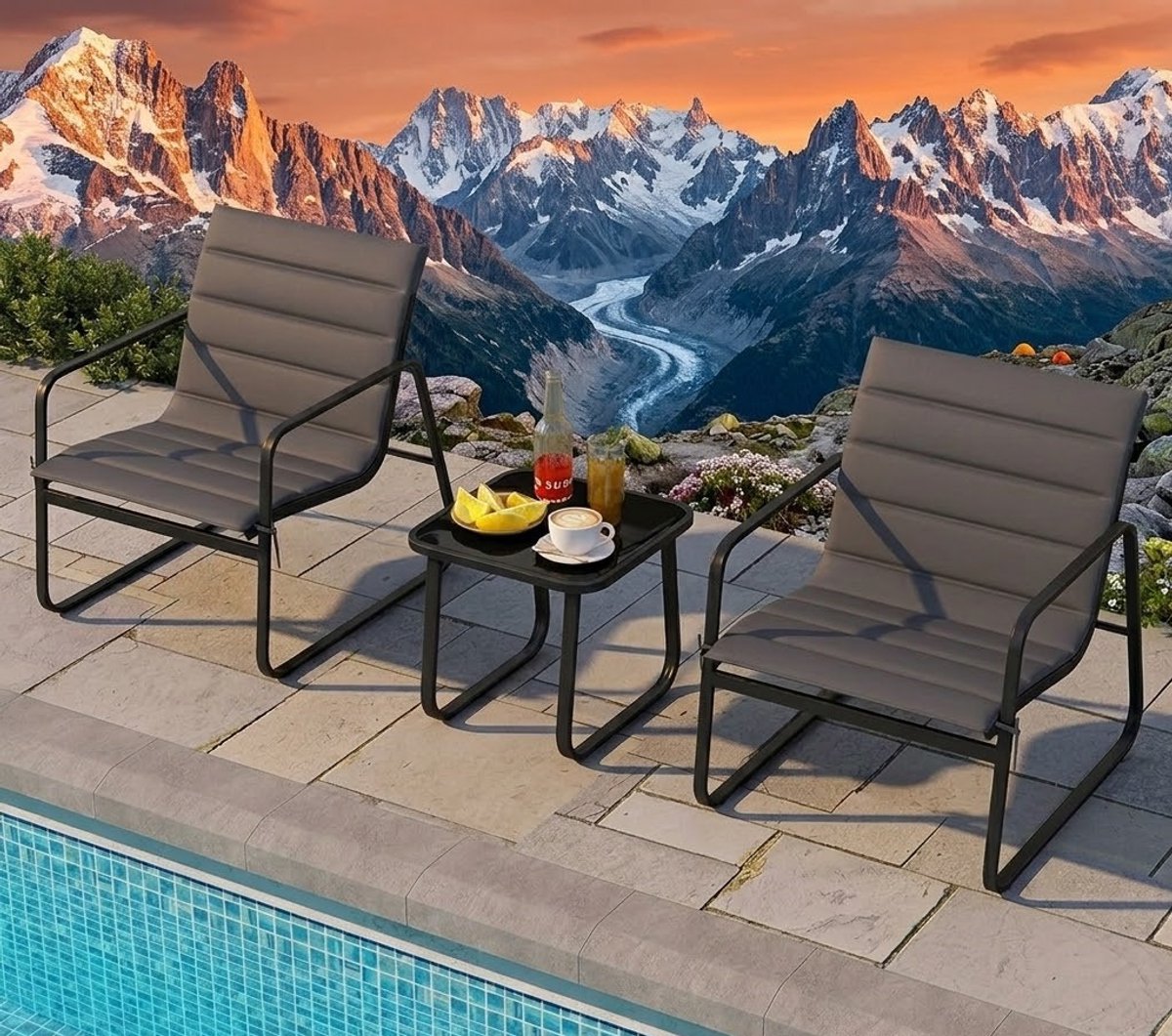Luxe 3-Delige Balkon Lounge Set met Comfortkussens en Glazen Tafel – Modern Weerbestendig Tuinmeubel Set voor Balkon, Terras en Tuin – Ergonomische Stoelen met Armleuningen – Grijs/Zwart