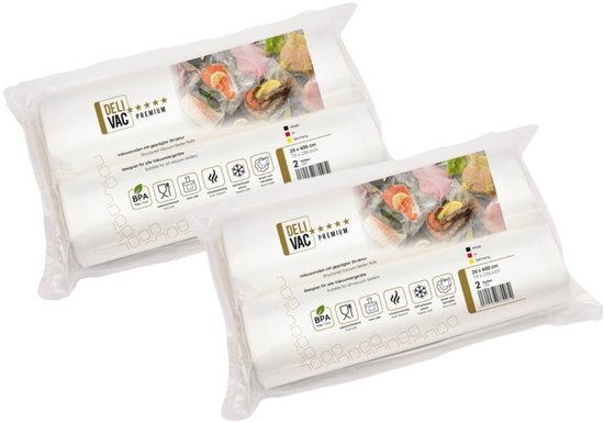 Deux paquets de rouleaux sous vide DeliVac Premium, 20x600 cm, sans BPA.