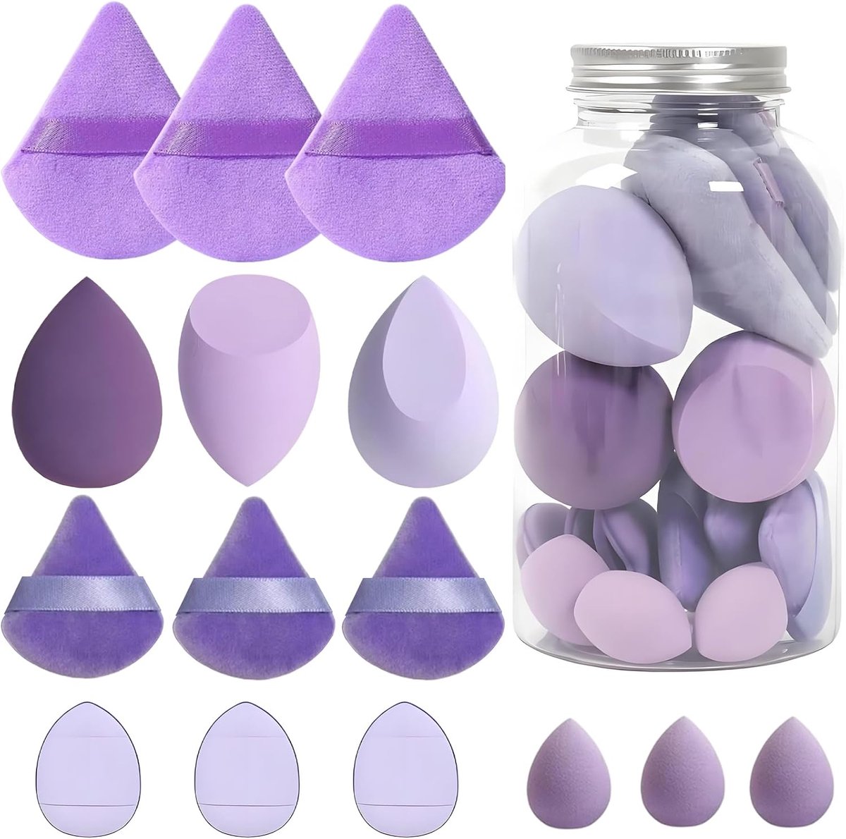 15 Delige - Make-up sponsje - Powder Puff - Beauty Blender - Gezichtssponsjes - Make-up sponsenset - Poederspons - Blenderspons - Spons - met opbergdoos - Paars