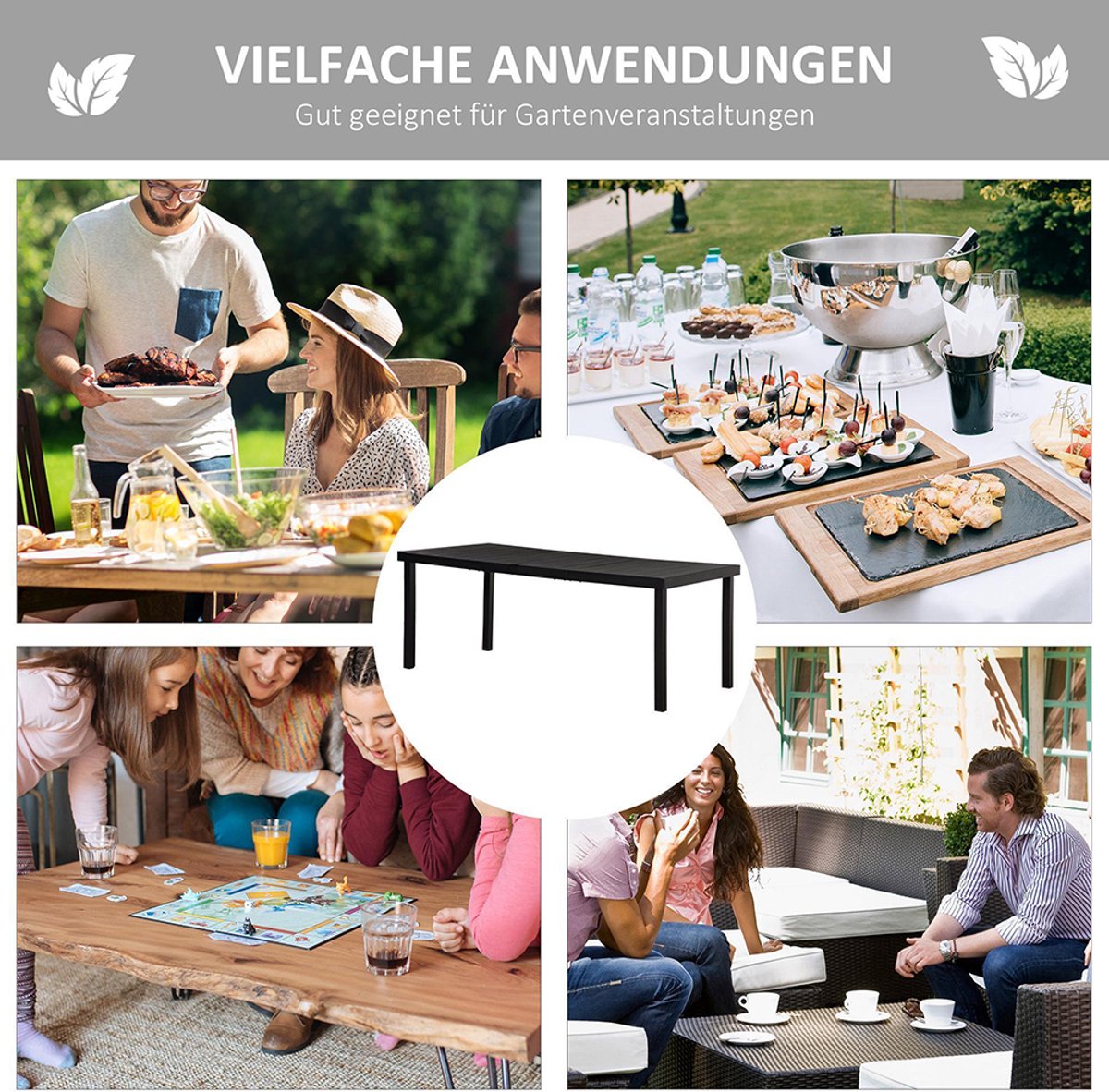 Pugsdrly Tuintafel Buitentafel Buitentafel, weerbestendig, 190 x 90 x 74 cm, Zwart thumbnail 6