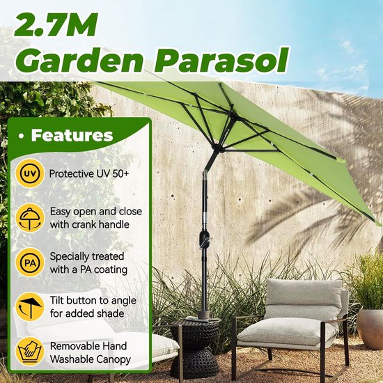 Appelgroene 2.7M tuinparasol met UV-bescherming, zwengel en kantelfunctie. Kenmerken: luchtventilatie, 5 stevige baleinen, kantelgewricht.