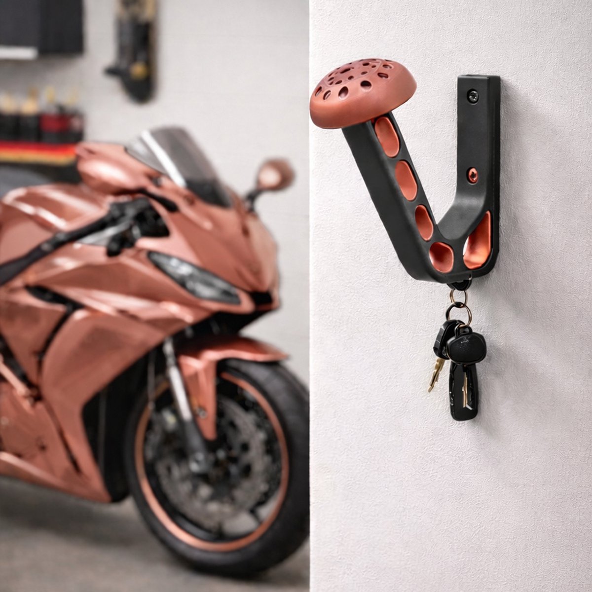 Motor helm houder inclusief haakje voor sleutels – Rose Gold – helmhouder – helm kapstok - wandmontage