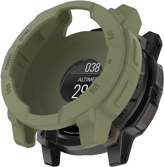 Groen TPU beschermhoesje voor een smartwatch met een digitaal display dat altimetergegevens toont.