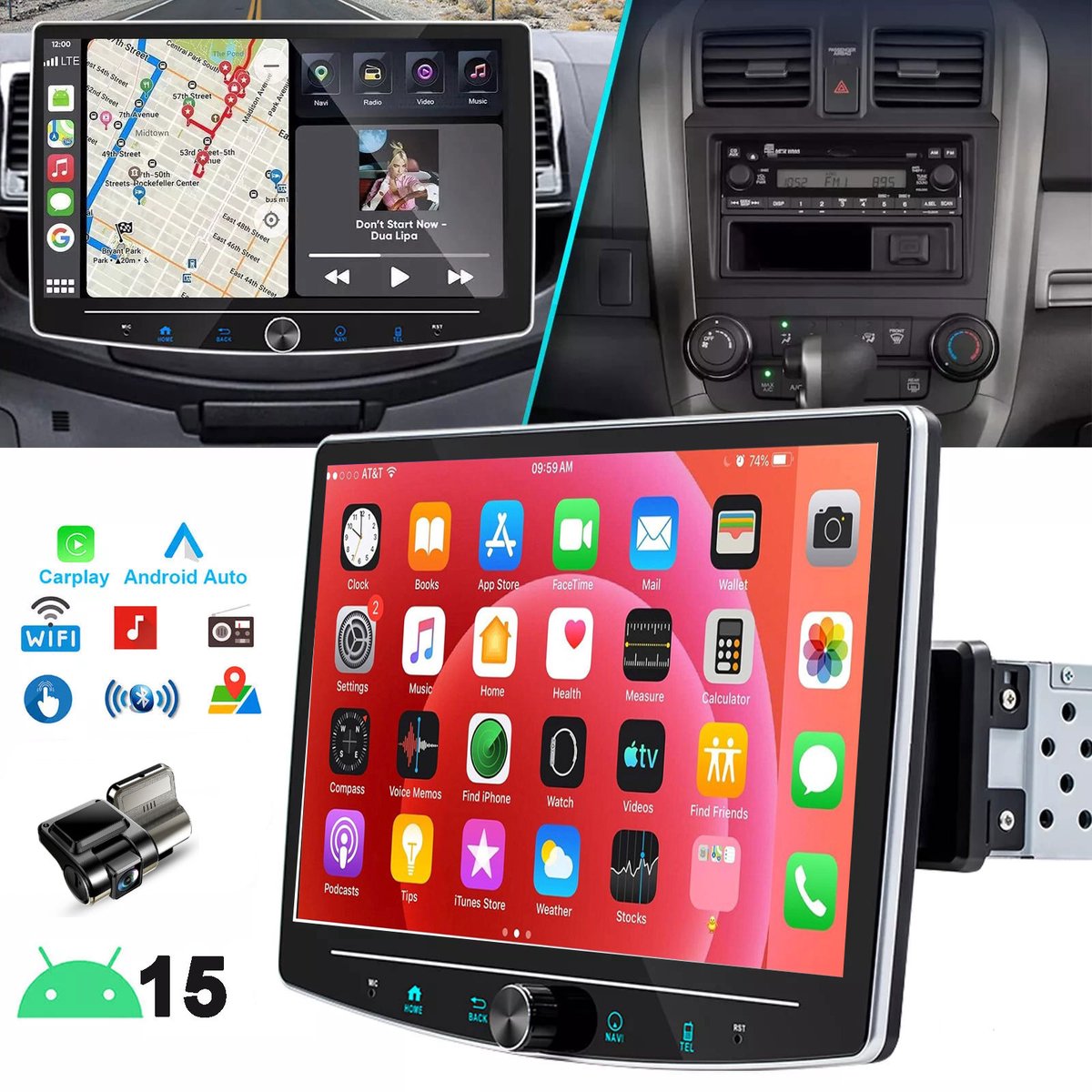 ESSGOO 1DIN Autoradio auto met 10,1 Inch 360° draaibaar scherm - autoradio geschikt voor CarPlay en Android auto - Android 15 4 + 64 GB - Bluetooth FM RDS - multimediaspeler - USB Dashcam