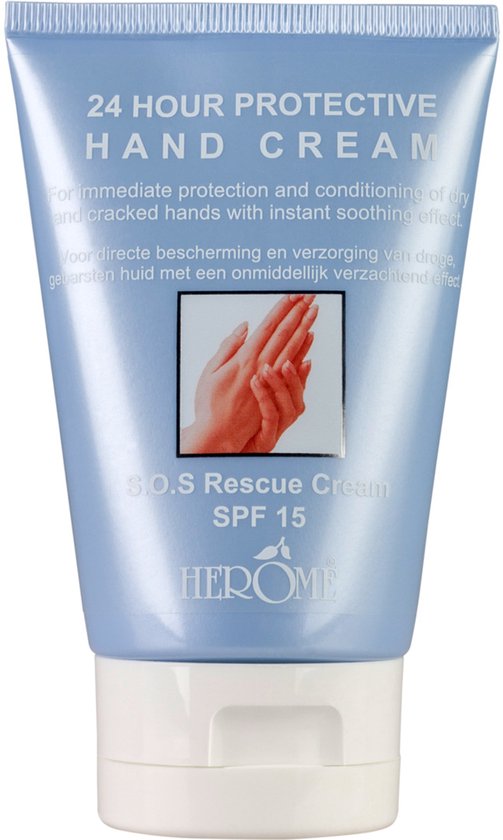 Tube Herome 24 Hour Protective Hand Cream met S.O.S Rescue Cream en SPF 15, toont een afbeelding van handen.