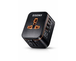 EISENZ Wereldstekker met USB-C & USB-A – Reisadapter Wereldwijd – Universele Travel Adapter EU/UK/US/AUS – Snellader 1920W – Zwart - EZ095