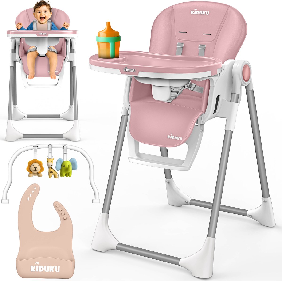 KIDUKU® Kinderstoel Baby 3-in-1 met Opzetstuk voor Pasgeborenen + Slabbetje | Opvouwbare Eetstoel met Speelboog | Verstelbare Evolutieve Kinderstoel met 7 Hoogteposities | 0-36 Maanden (Roze)