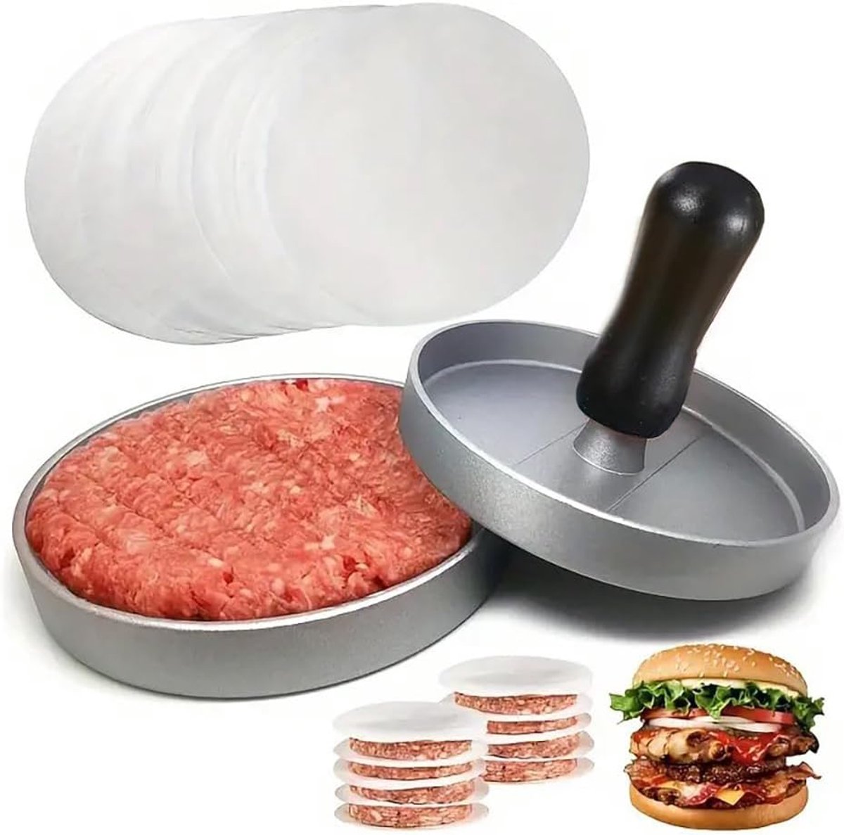 Burger Press - Hamburgerpers - Burgermakers - Vleesburgervormer - Met 100 vellen non-stick vetvrij papier - Burger Press - Geschikt voor het maken van heerlijke burgers/pasteitjes/BBQ
