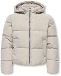 Lichtbeige pufferjack met capuchon, van achteren gezien.