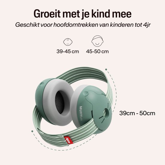 Groene Alpine Muffy Baby oorbescherming met verstelbare band, voor hoofdomtrek van 39-50 cm.