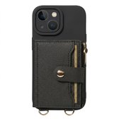 Zwart telefoon hoesje met portemonnee en koord geschikt voor iPhone 15 – faux leren wallet case met pasjeshouder, drukknoopsluiting en beschermende backcover