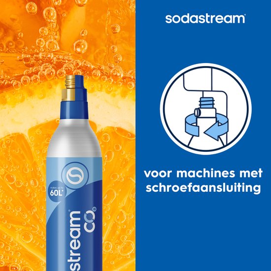 Sodastream CO2-cilinder van 60L met een afbeelding van sinaasappelpartjes en bubbels. "voor machines met schroefaansluiting".
