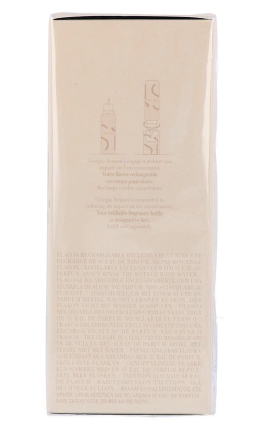 Zij-aanzicht van de doos van Giorgio Armani Si eau de parfum met meertalige tekst en afbeeldingen van de fles.