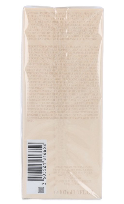 Zij-aanzicht van de verpakking van Giorgio Armani Si eau de parfum met ingrediëntenlijst, barcode en productie-informatie.