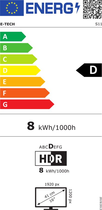 Energielabel D, 8 kWh/1000h voor een E-TECH monitor. Toont resolutie 1920x1200 en 16" schermdiagonaal.