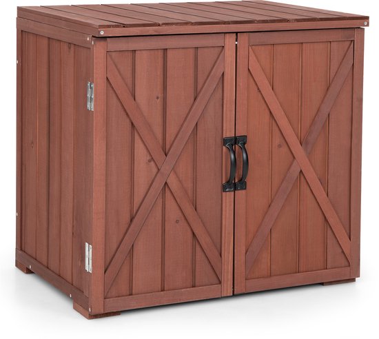 Bruine houten opbergkast met dubbele deuren, versierd met X-patroon en zwarte handgrepen.