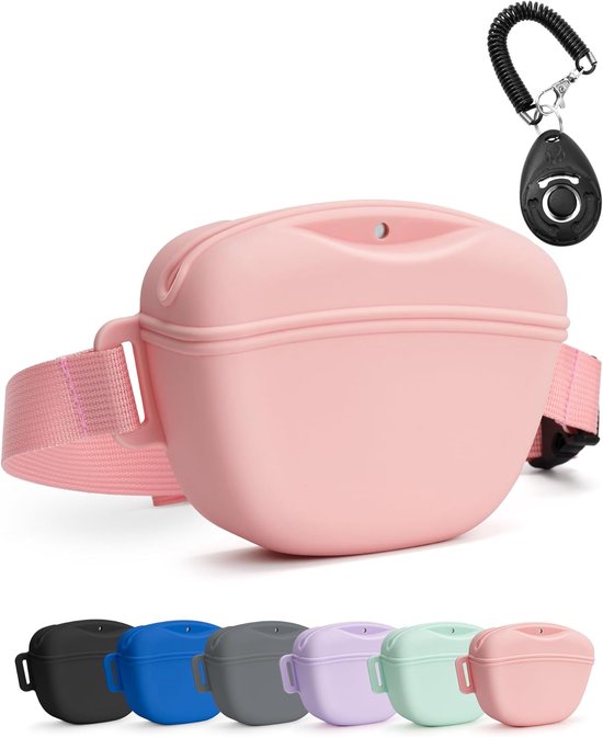 Hondensnoepzakje met trainingsclicker, verbeterde sterkere magnetische sluiting om morsen te voorkomen, 1,67 cup siliconen traktatiezak, heuptasje met heupriem voor huisdiertraining en wandelen, roze