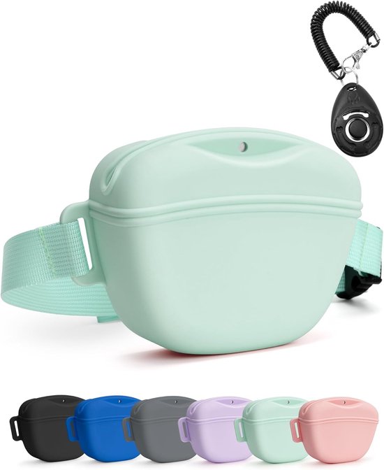 Hondensnoepzakje met trainingsclicker, verbeterde sterkere magnetische sluiting om morsen te voorkomen, 395ml siliconen snoepzakje heuptas met tailleriem voor huisdiertraining en wandelen, Sprout Groen