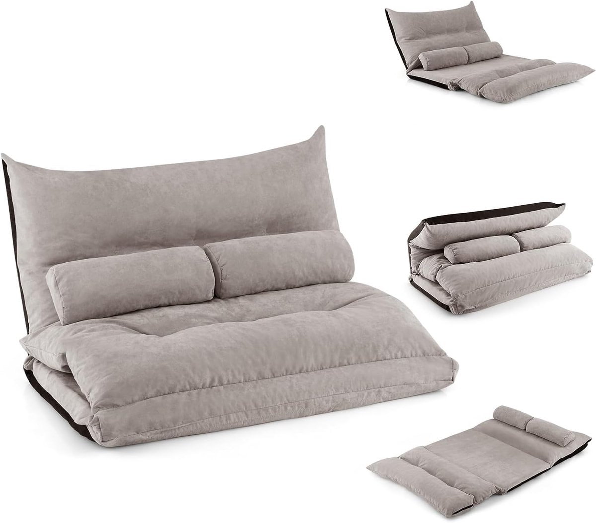 KOMFOTTEU Vloersofa met slaapfunctie, 3-in-1 slaapbank met verstelbare rugleuning, kussens en schuimrubber, belastbaar tot 150 kg, slaapstoel, opklapbare sofa voor woonkamer en slaapkamer (grijs)