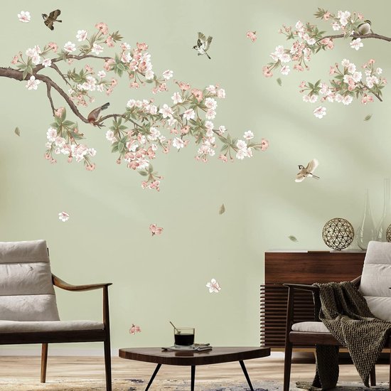 Famanu – Bloem Boom Tak Muurstickers Kersenbloesem Floral Vogels Muurtattoo Slaapkamer Woonkamer Sofa Achtergrond Wanddecoratie