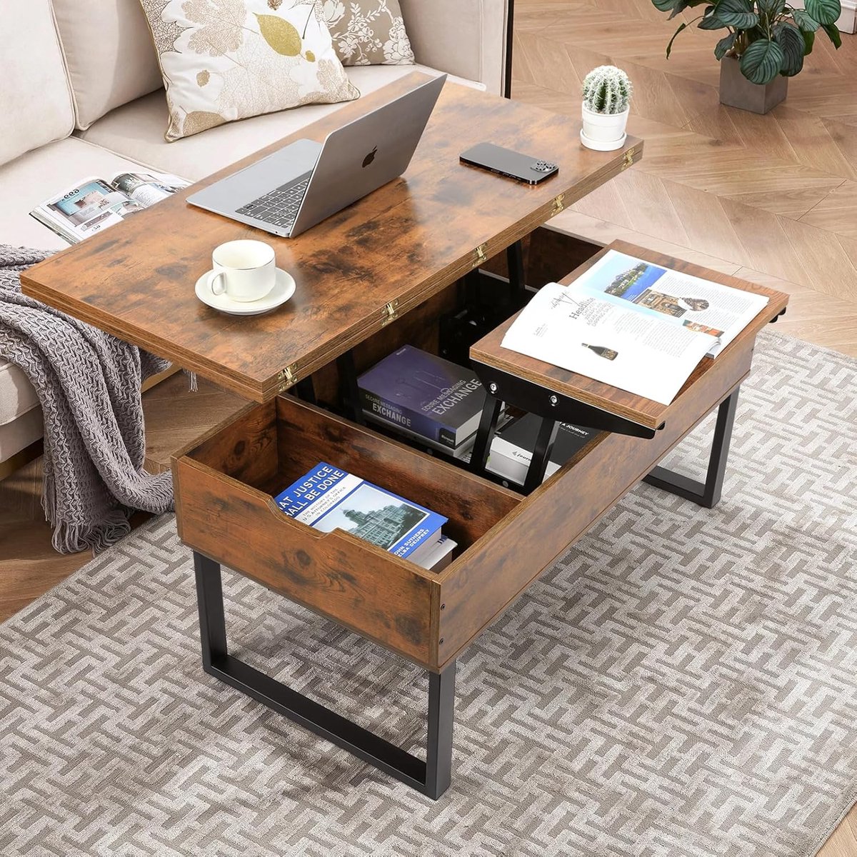 Salontafel in hoogte verstelbaar 3-in-1 – Uitschuifbare lift-top woonkamertafel met verborgen opbergruimte – Omvormbaar tot eettafel – 100 x 50 x 49 cm – Vintage Bruin – Pauwhome
