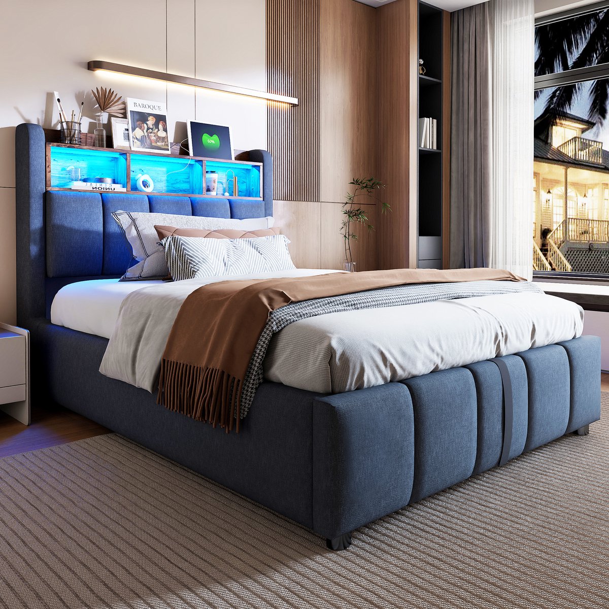 MIVRAY Gestoffeerd Bed 90x200cm - Met Ledverlichting En Usb En Type C - Met Hydraulische Opbergruimte - Linnen - Grijs - Zonder Matras