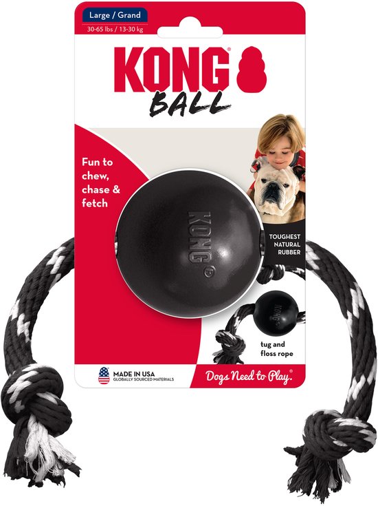KONG bal met touw speelgoed verpakking, toont bal met touw, jongen met hond en tekst 'KONG BALL'.