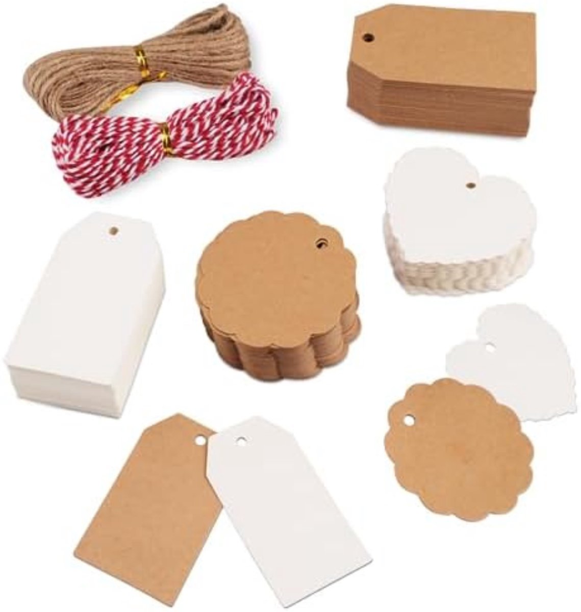 Imperatoris - Cadeau Tags - Labels - Kado Etiketten - Kraftpapier - wit en bruin - Karton aan touwtjes - 200 stuks hartvormig vierkant en rond cadeaulabels - 7x4 cm, 6x6 cm, 6x5,5 cm - met 2 jutetouw van 10 m