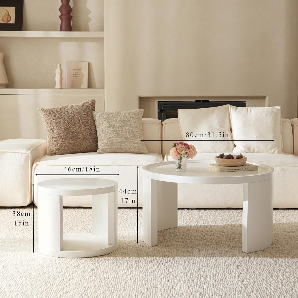 Salontafel Rond Set van 2 met Opbergruimte – Ronde Koffietafel & Bijzettafel van Hout – Moderne Woonkamertafel – Ø 80 + Ø 46 cm – wit – Pauwhome