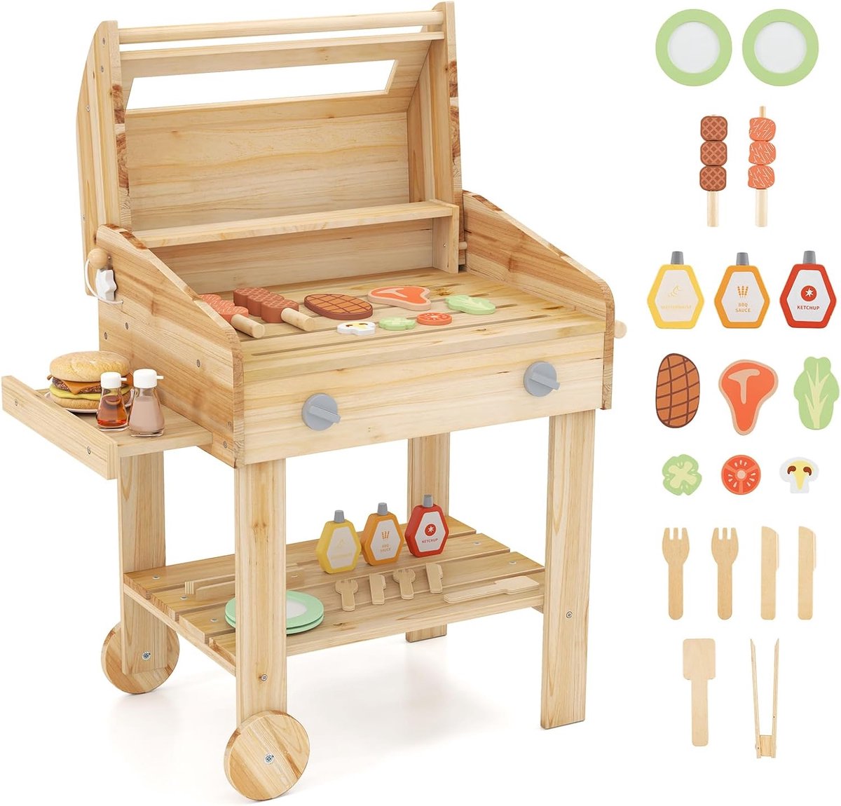 KOMFOTTEU Modderkeuken Houten - barbecue voor kinderen - BBQ-set - met speelgoedvoedsel - voor binnen/buiten - buitenkeuken voor kinderen vanaf 3 jaar